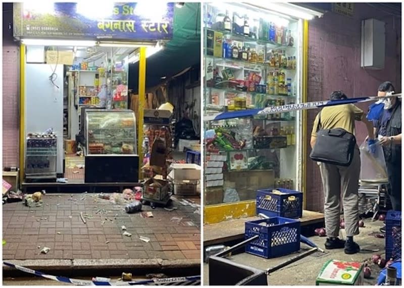 遭破壞的南亞雜貨店及探員搜證。
