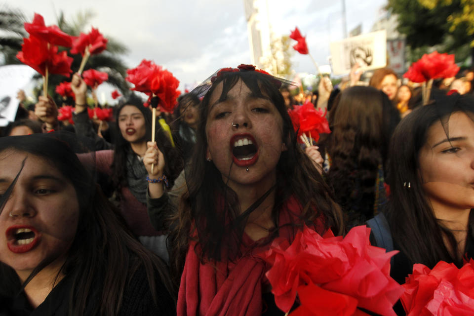 Women march in the streets of Santiago, Chile.&nbsp;