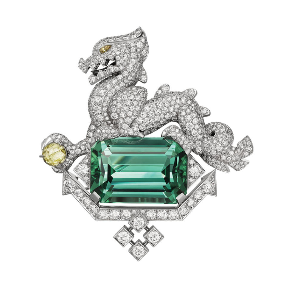 On the red carpet, expect to see pieces like fest sponsor Cartier’s Bailong (white dragon) high-jewelry brooch featuring a 30.11-carat octagonal tourmaline surrounded by white and yellow diamonds; price upon request, at Cartier, Beverly Hills.