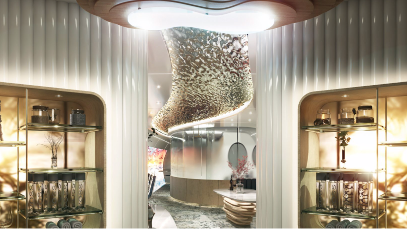 Not the typical entry foyer to a business jet. The scalloped paneling, repurposed white oak and see-through glass cabinets create a dramatic impact. - Credit: Courtesy Greenpoint Technologies