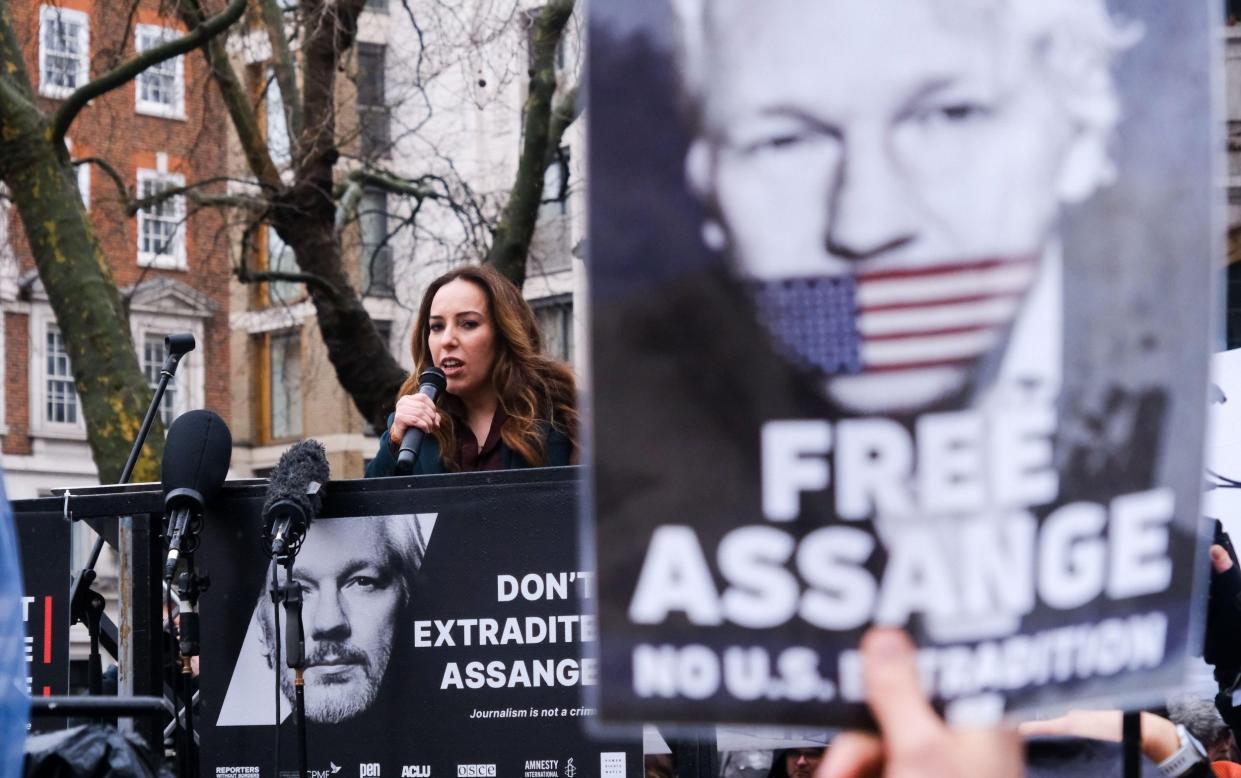 Stella Assange addresses the crowd at the second day of the extradition hearing of her husband Julian, at the Royal Courts of Justice in London