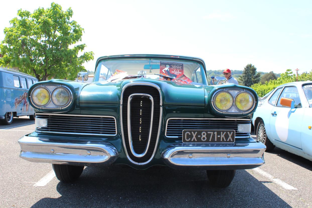 Blue green classic car EDSEL Pacer in Exhibition in St Pierre de Chandieu city named as Aïeules de la Route in May 2018 - Front of the car