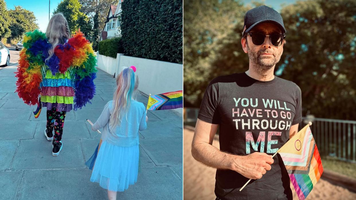 Spliy image of David Tennant holding a Pride Progress flag and his children 