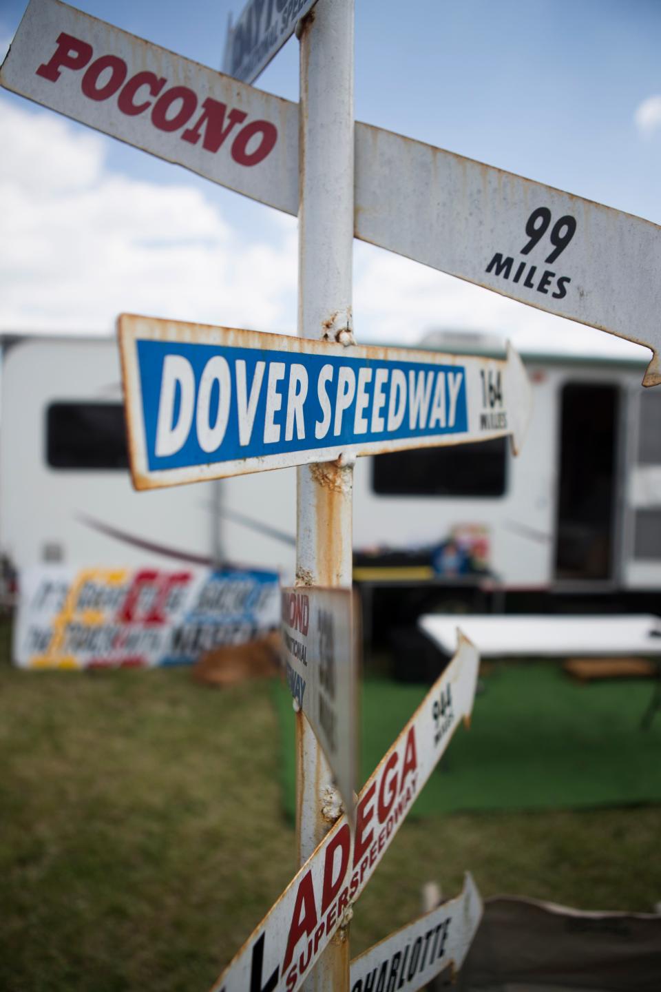 NASCAR memorabilia st a campsite at Dover Motor Speedway Wednesday, April 27, 2022. 