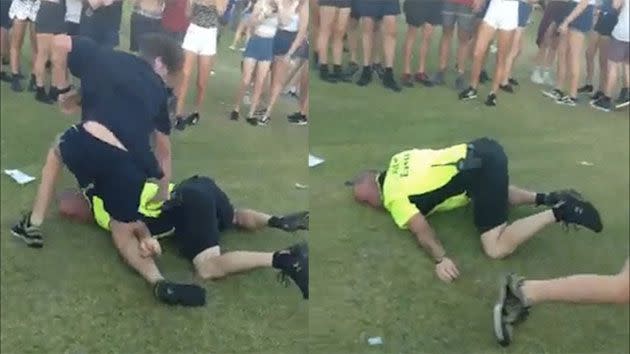 This is the moment after a teenager in a white shirt (not shown) kicked the security guard in the head, leaving him slumped on the grass. Photo: Facebook