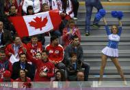 Fans of Team Canada watch as a cheerleader performs during the men's preliminary round ice hockey game against Austria at the Sochi 2014 Sochi Winter Olympics, February 14, 2014. REUTERS/Jim Young (RUSSIA - Tags: OLYMPICS SPORT ICE HOCKEY)