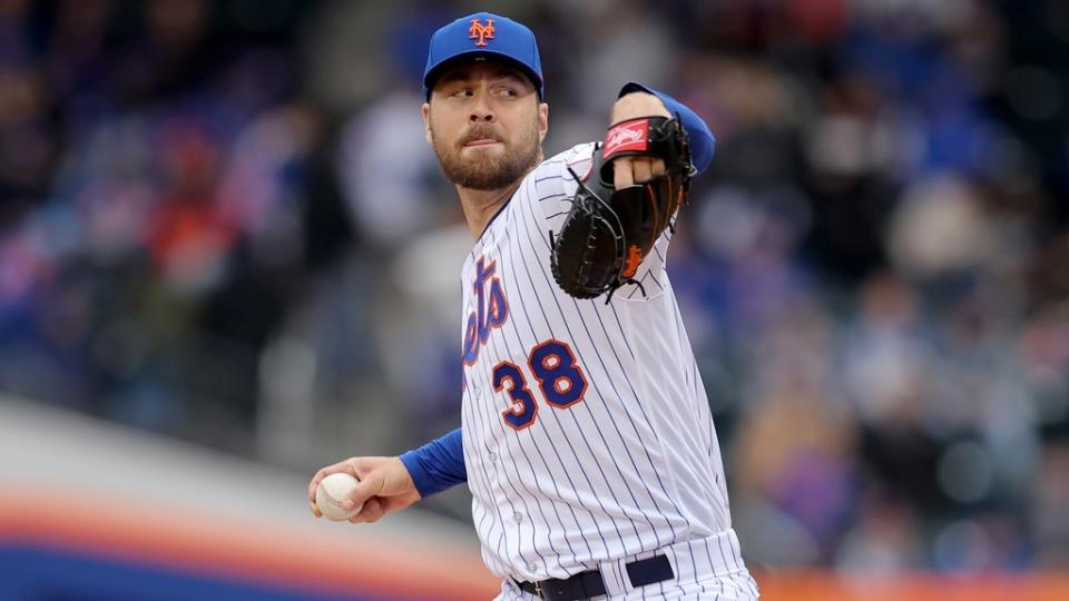 Apr 7, 2023;  New York City, New York, USA;  New York Mets starting pitcher Tylor Megill (38) pitches against the Miami Marlins during the second inning at Citi Field.