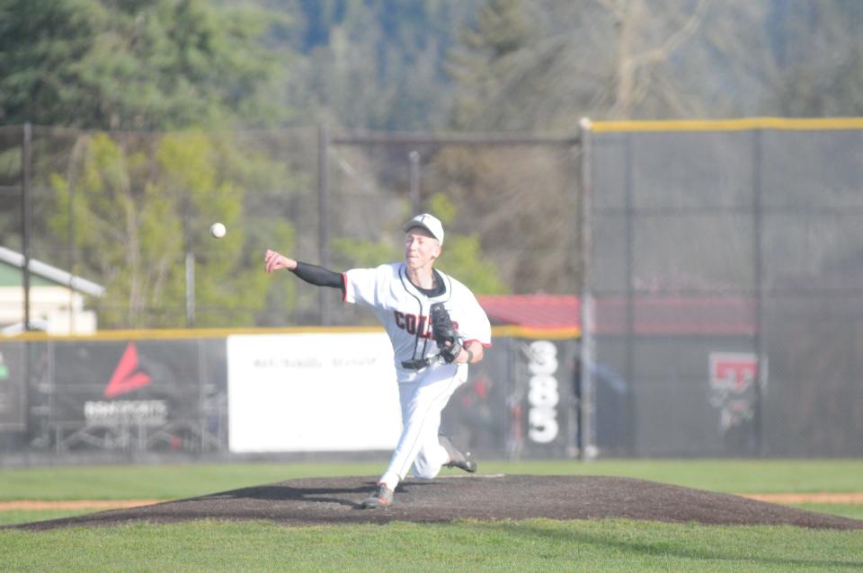 Thurston's Grady Saunders pitches during the Colts baseball game against North Eugene on Tuesday, April 9, 2024 at Thurston High School in Springfield. Thurston defeated North Eugene 9-0.