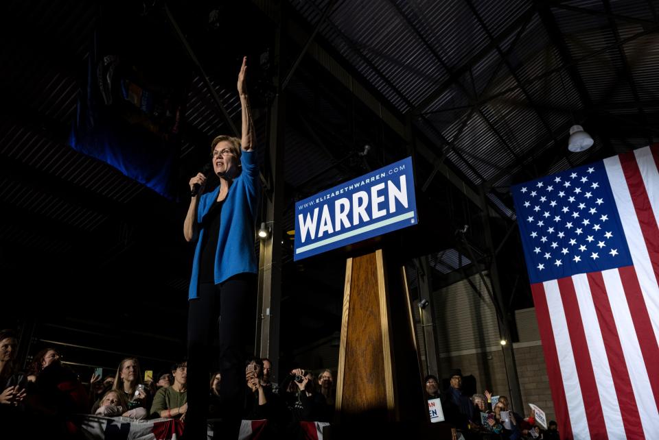 Democratic Presidential hopeful Massachusetts Senator Elizabeth Warren gestures as she speaks at a rally March 3, 2020 in Detroit, Michigan at the Detroit Kitchen Connect on Super Tuesday. (Photo by SETH HERALD / APF / AFP) (Photo by SETH HERALD/APF/AFP via Getty Images)