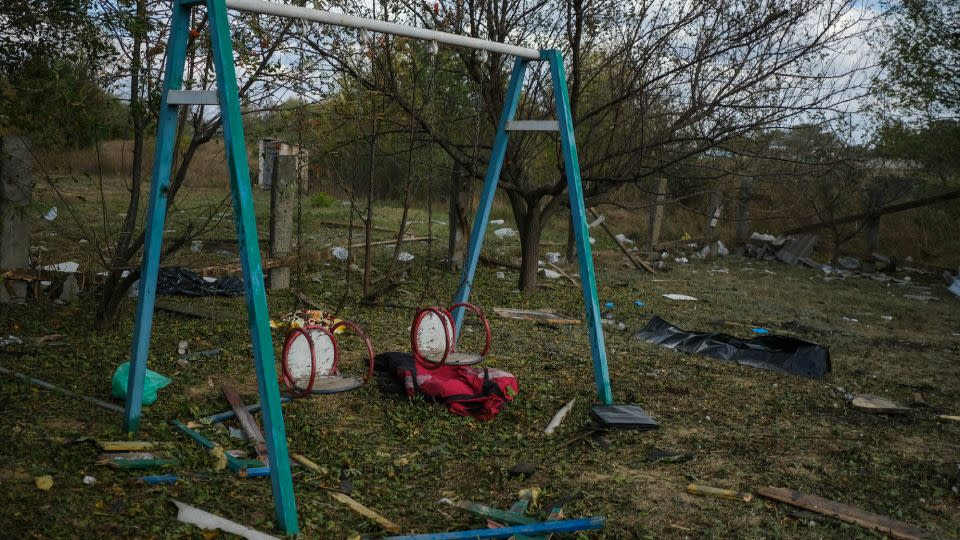 The grocery store and cafe hit by a Russian missile in Hroza were meters away from a children's playground. - Vasco Cotovio/CNN