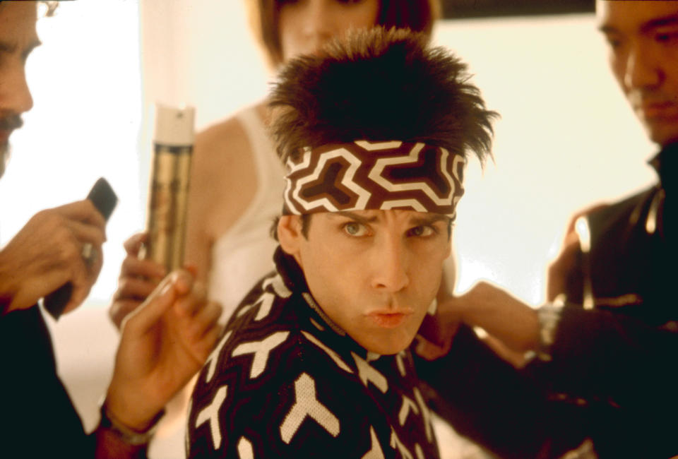 Ben Stiller as Derek Zoolander is being prepped by a team in a scene from the film "Zoolander."