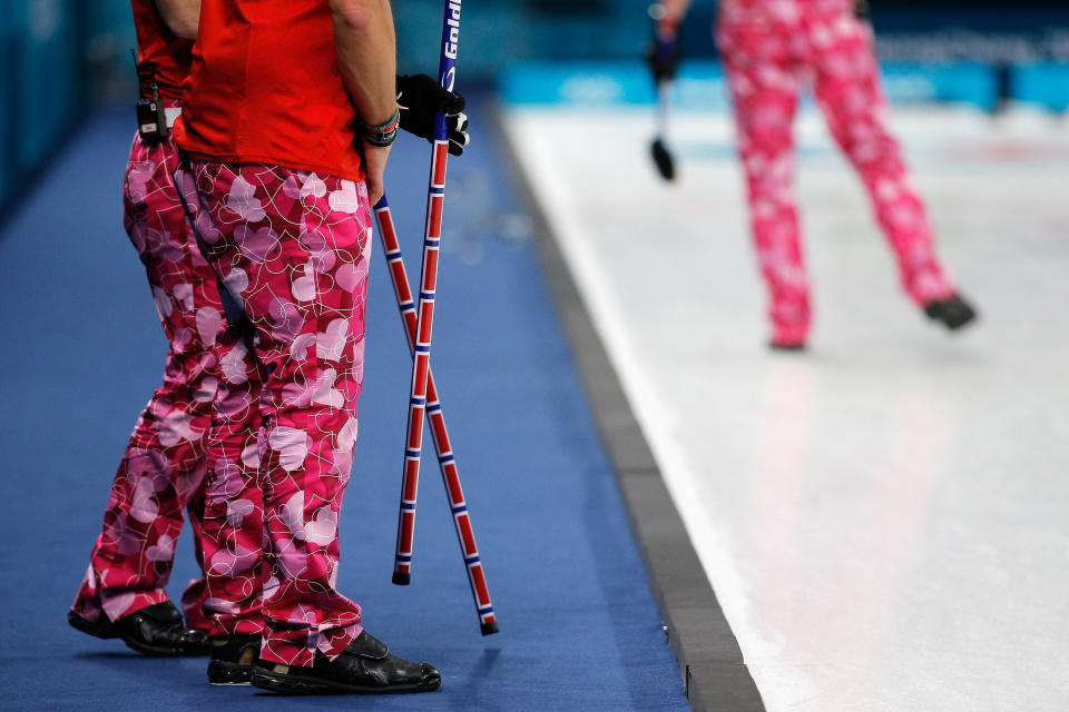 <p>A detailed view of the trousers or pants worn by Christoffer Svae, Torger Nergard, Thomas Ulsrud and Havard Vad Petersson of Norway as they compete in the Curling Men’s Round Robin Session 1 held at Gangneung Curling Centre on February 14, 2018 in Gangneung, South Korea. (Photo by Dean Mouhtaropoulos/Getty Images) </p>