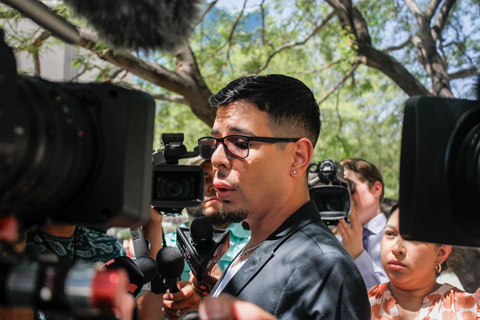 Christopher Morales speaks outside the Albert Armendariz Sr. Federal Courthouse on Thursday after giving his victim impact statement in front of the man who killed 23 people inside an East El Paso Walmart on Aug. 3, 2019. Morales lost his aunt Teresa Sanchez in the mass shooting.