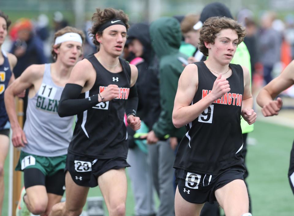 Colin Cernansky (right) and Noah Graham (center) of Marlington compete at this year's Eagle Elite Meet at GlenOak. Cernansky and Graham helped lead the Dukes' 3,200-meter relay team to a regional title on Thursday.