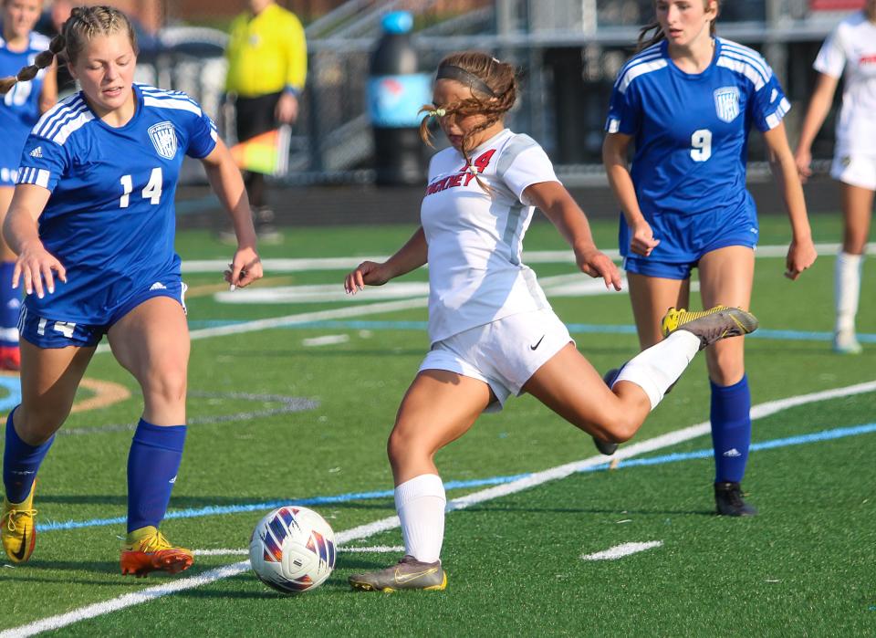 Zaryah Griffin of Pinckney shoots the ball during a 6-1 loss to Plainwell in a Division 2 regional championship soccer game Friday, June 9, 2023 in Vicksburg.