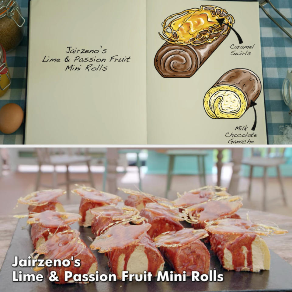 Jairzeno's mini rolls decorated with caramel swirls and milk chocolate ganache side by side with their drawing