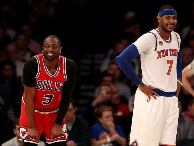 Dwyane Wade and Carmelo Anthony see it from their side. (Getty Images)