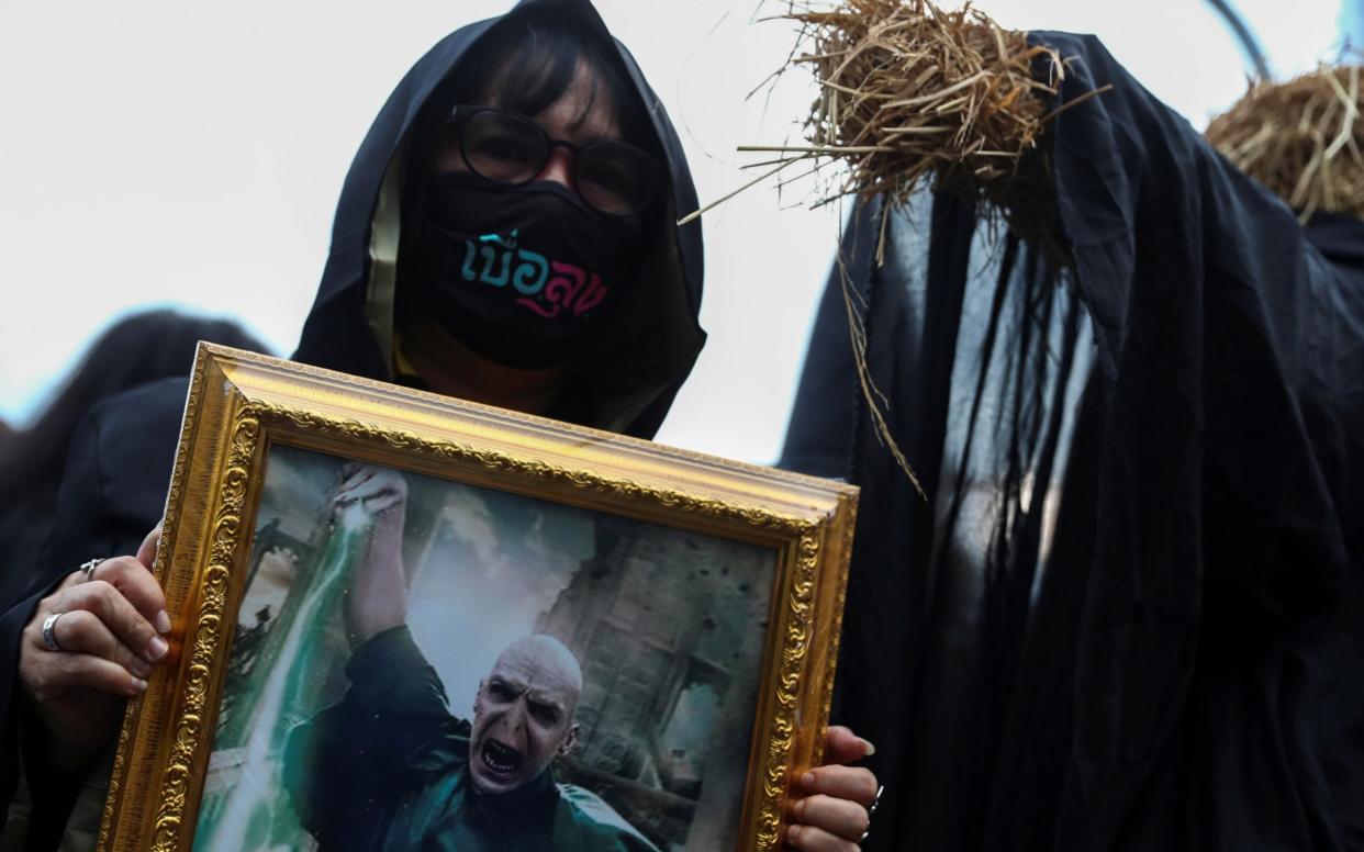 A Thai protester holds a picture of Lord Voldemort during an anti-government protest - Athit Perawongmetha/Reuters