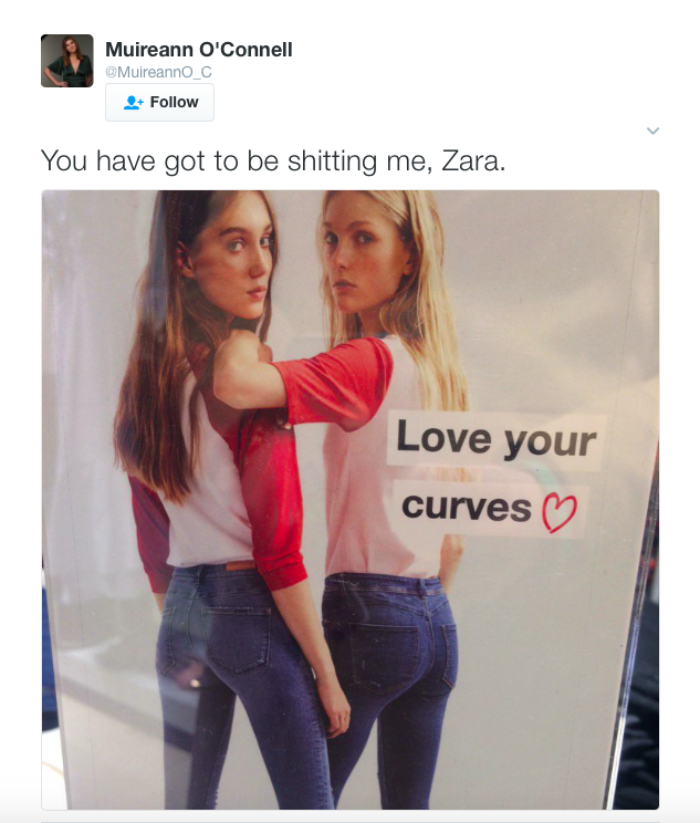 A radio personality took to Twitter to express her dismay at the new campaign [Photo: Twitter/People aren't happy about this Zara campaign [Photo: Twitter/@MuireannO_C ]