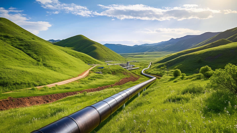 A long pipeline snaking through a rural landscape - symbolizing the companies midstream energy services.