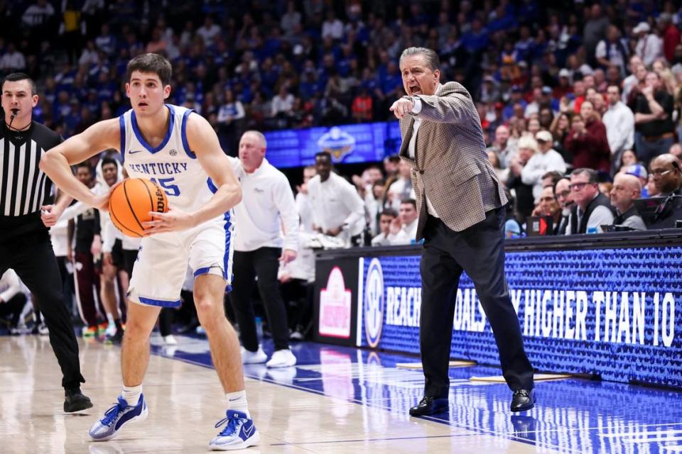 The futures of Reed Sheppard, left, and John Calipari are both up in the air heading into this Kentucky basketball offseason.