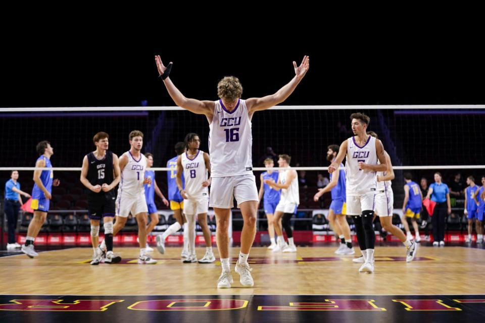 Grand Canyon Lopes men's volleyball outside hitter Jackson Hickman celebrates.