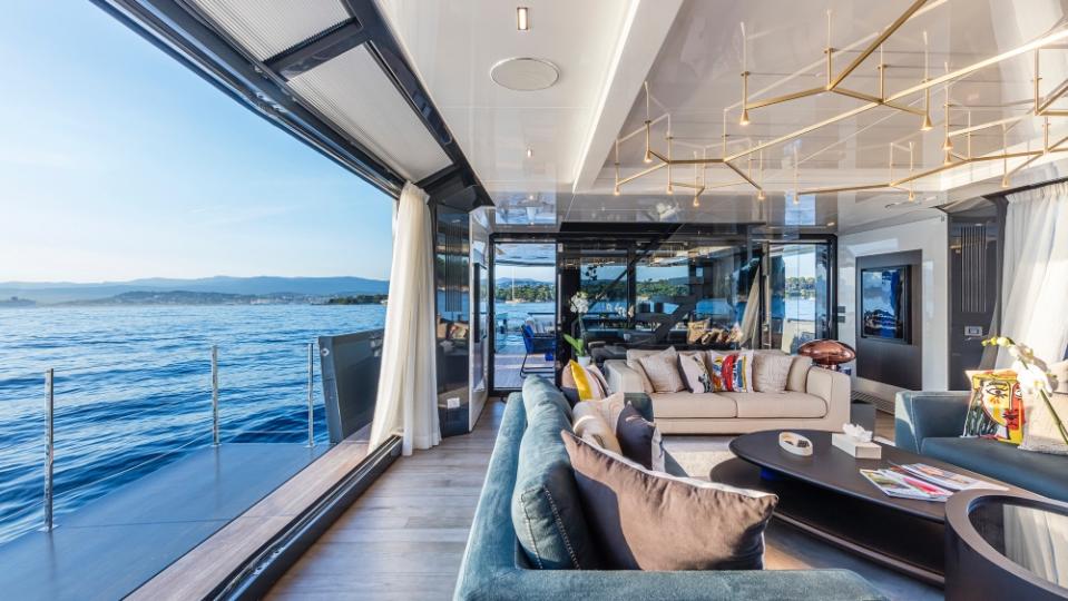 the 105-foot Arcadai Sea Coral 2 has 15 Italian design brands spread across its different areas