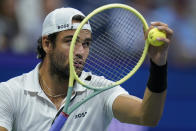 Matteo Berrettini, of Italy, prepares to serve to Casper Ruud, of Norway, during the quarterfinals of the U.S. Open tennis championships, Tuesday, Sept. 6, 2022, in New York. (AP Photo/Seth Wenig)