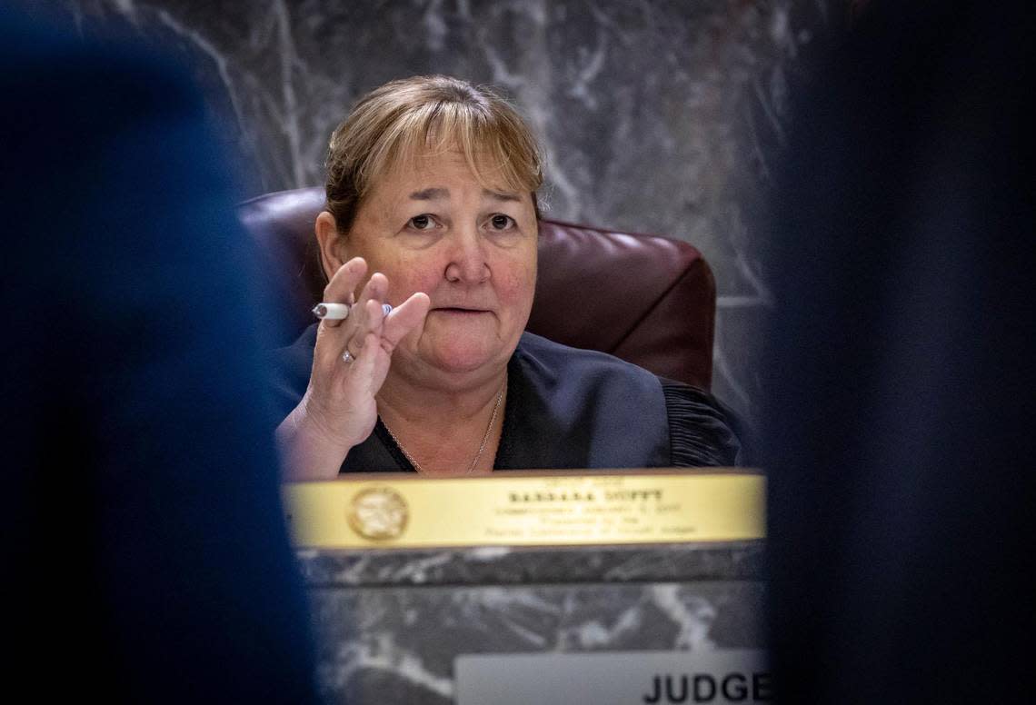 Fort Lauderdale, Florida, December 8, 2023 - Judge Barbara Duffy talks to defendants, including Bryson Potts, also known as NLE Choppa about a change of plea in a 2021 Broward drug and gun case this morning at the Broward County Courthouse in Fort Lauderdale, Florida.