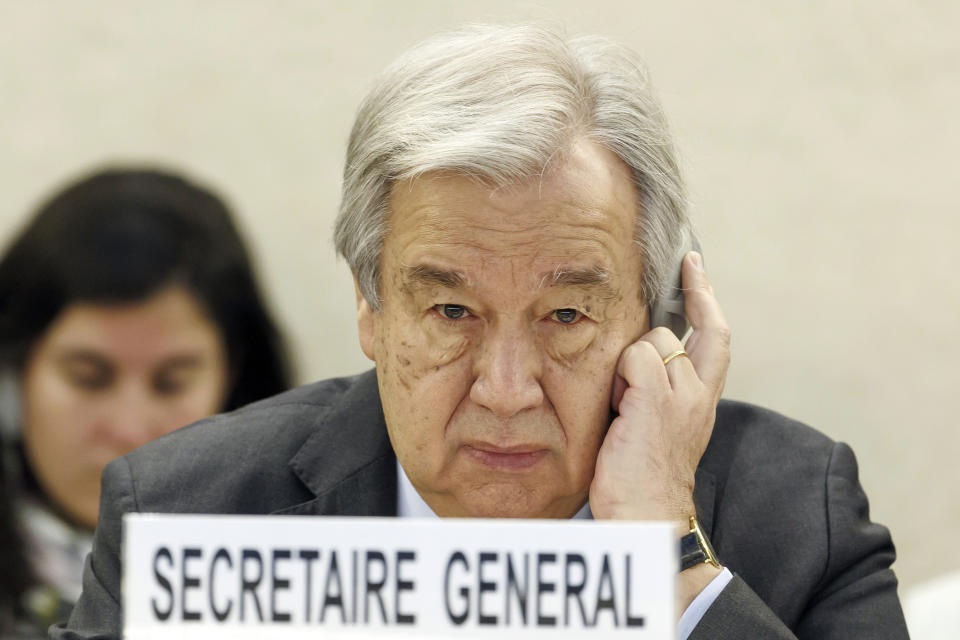 FILE - U.N. Secretary-General Antonio Guterres listens to a speech during the opening of the High-Level Segment of the 55th session of the Human Rights Council at the European headquarters of the United Nations in Geneva, Switzerland, on Feb. 26, 2024. U.N. Guterres will attend a session of the Shanghai Cooperation Organization summit in Astana, Kazakhstan. (Salvatore Di Nolfi/Keystone via AP, File)