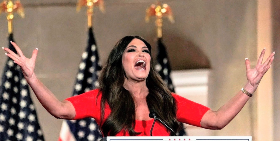 Pictured is Kimberly Guilfoyle screaming with her arms outstretched during her speech at the 2020 Republican National Convention. Source: Twitter