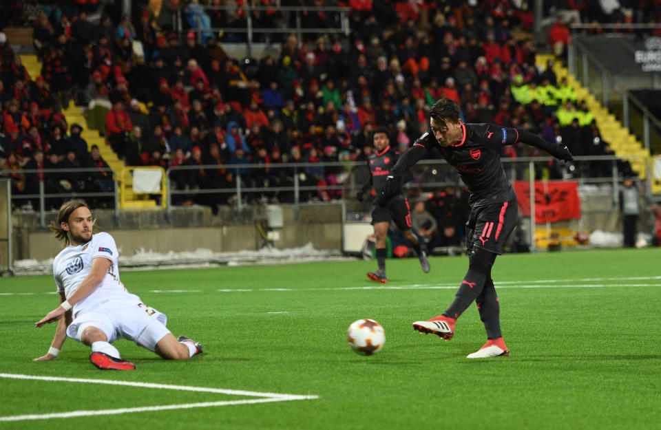 Mesut Ozil scores Arsenal’s third against Swedish side Ostersunds FK at the Jamtkraft Arena