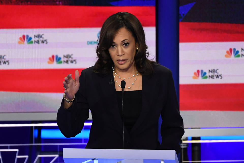 Democratic presidential hopeful US Senator for California Kamala Harris speaks during the second Democratic primary debate of the 2020 presidential campaign season hosted by NBC News at the Adrienne Arsht Center for the Performing Arts in Miami, Florida, June 27, 2019. | Saul Loeb—AFP/Getty Images