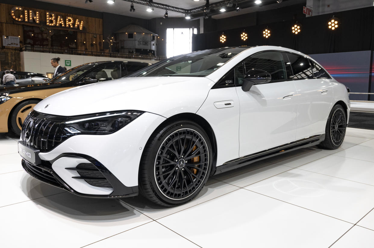 BRUSSELS, BELGIUM - JANUARY 13: Mercedes-AMG EQE electric luxury performance sedan at Brussels Expo on January 13, 2023 in Brussels, Belgium. (Photo by Sjoerd van der Wal/Getty Images)