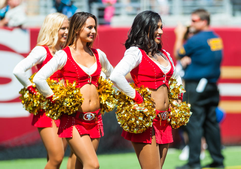 <p>Members of the Goldrush Cheerleaders perform during the regular season game between the San Francisco 49ers and the Carolina Panthers on September 10, 2017 at Levi’s Stadium in Santa Clara, CA. (Photo by Samuel Stringer/Icon Sportswire via Getty Images) </p>