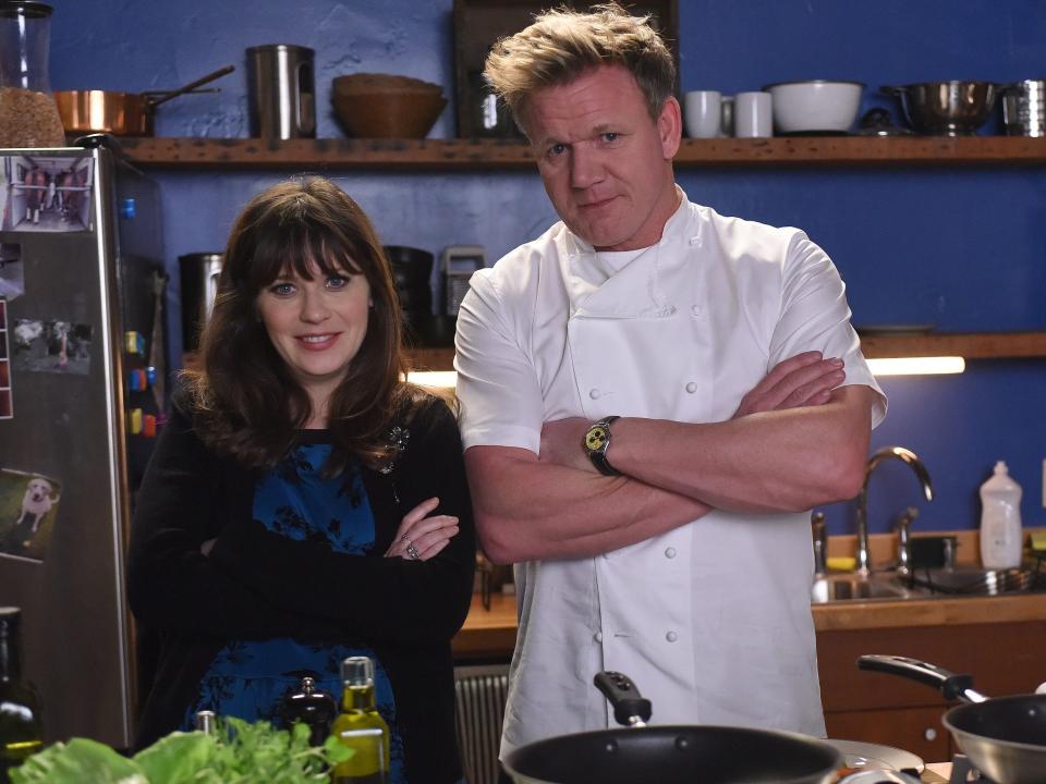 Zooey Deschanel and Gordon Ramsay on season six, episode 16 of "New Girl."