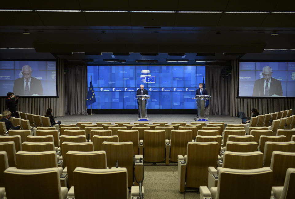 European Union foreign policy chief Josep Borrell speaks during a media conference after a meeting of EU foreign ministers at the European Council building in Brussels, Monday, Feb 22, 2021. (Johanna Geron, Pool via AP)