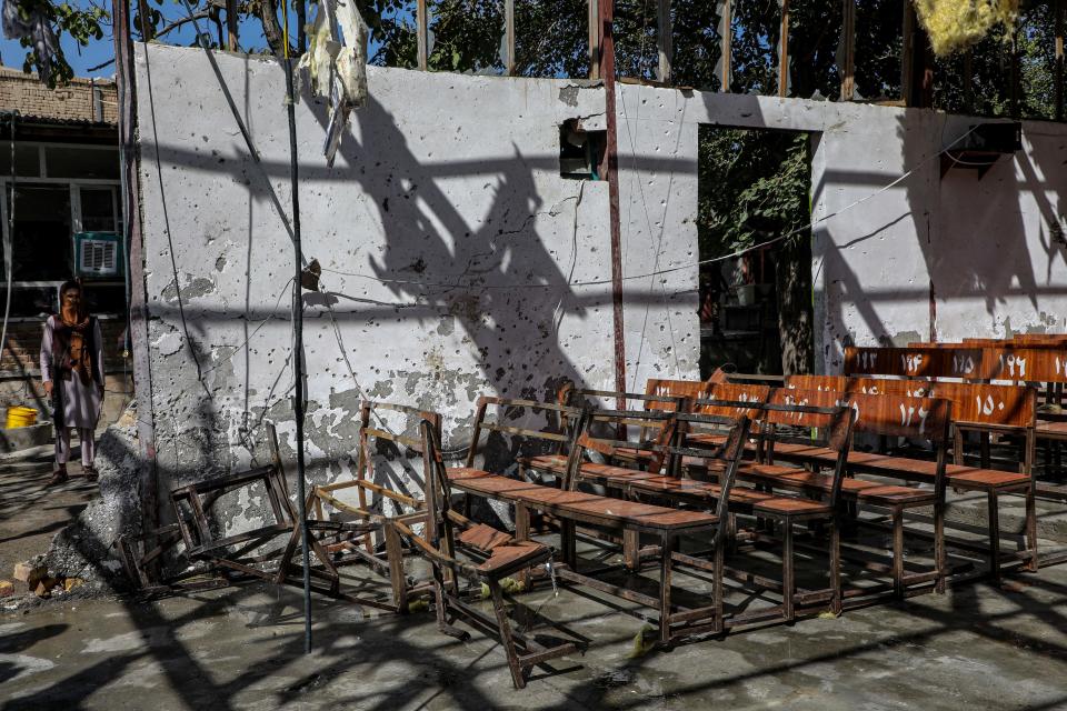 A general view of the damaged hall pictured at the site of a suicide bomb attack in the learning centre in the Dasht-e-Barchi area in Kabul on September 30, 2022. - A suicide bomb attack at a learning centre in the Afghan capital on September 30 killed 19 people as students prepared for university entrance exams, police said. (Photo by AFP) (Photo by -/AFP via Getty Images)