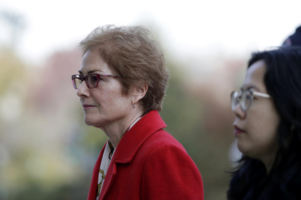 Former U.S. Ambassador to Ukraine Marie Yovanovitch arrives to testify to the House Intelligence Committee, Friday, Nov. 15, 2019, on Capitol Hill in Washington, in the second public impeachment hearing of President Donald Trump's efforts to tie U.S. aid for Ukraine to investigations of his political opponents. (AP Photo/Julio Cortez)