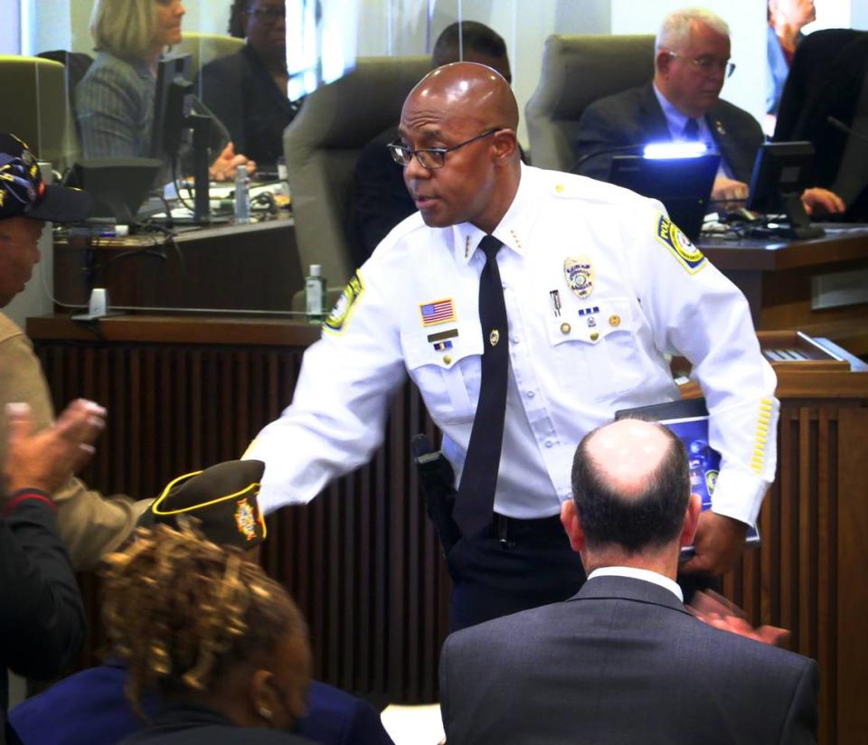 Chief Freddie Blackmon is greeted by supporters after presenting his Strategic Plan to City Council.