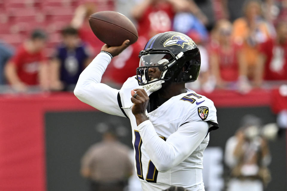 Baltimore Ravens quarterback Josh Johnson warms up prior to an NFL preseason football game against the Tampa Bay Buccaneers Saturday, Aug. 26, 2023, in Tampa, Fla. (AP Photo/Jason Behnken)