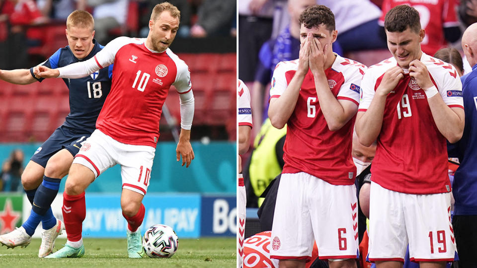 Pictured left, Christian Eriksen and his shattered teammates on the right.