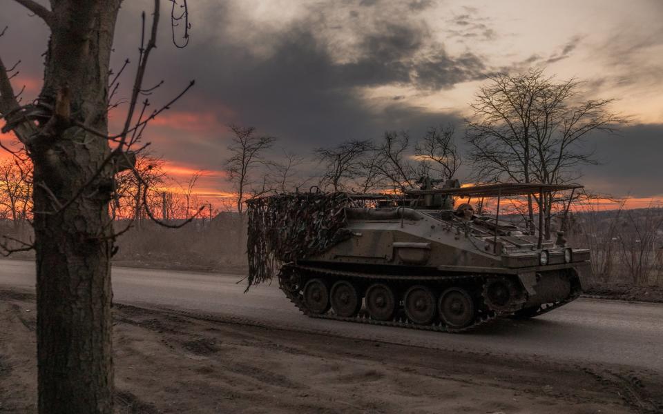 A British FV103 Spartan armoured personnel carrier used by Ukraine near Chasiv Yar