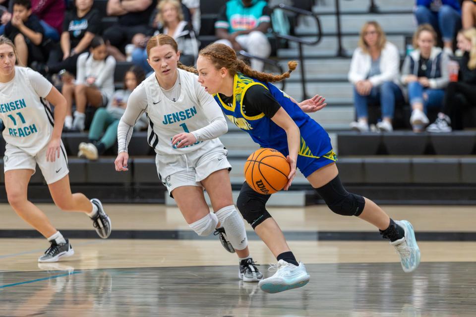 Karolina Ramirez (11), of Martin County, tries to get past a defender in a girls high school basketball game against Jensen Beach on Thursday, Jan. 18, 2024, at Jensen Beach High School.