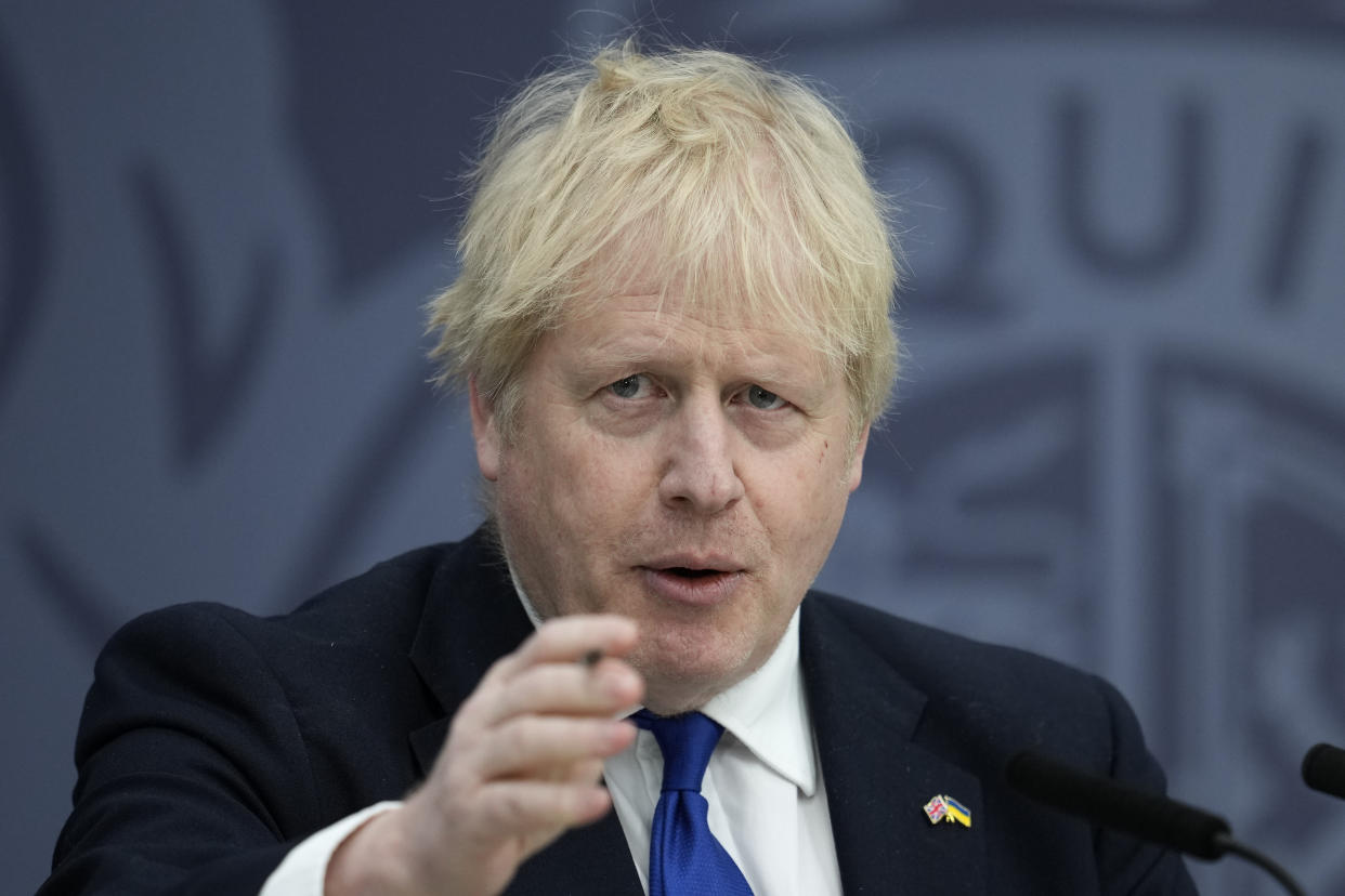 British Prime Minister Boris Johnson delivers a speech to members of the armed services and Maritime and Coastguard Agency at Lydd airport in Kent. Picture date: Thursday April 14, 2022.