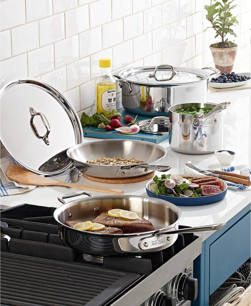 For top-notch cookware, this set from All-Clad is made from mirror-polished stainless steel that's supposed to last long. This set includes a fry pan, sauce pan, saut&eacute; pan and stock pot with their respective covers. The pots and pans are dishwasher-safe, too. <a href="https://fave.co/3ffZomi" target="_blank" rel="noopener noreferrer">Originally $840, get the set now for $300 at Macy's</a>.