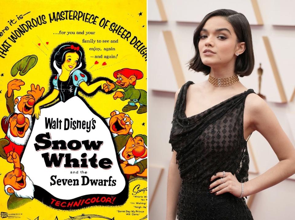 A 1937 poster of "Snow White and the Seven Dwarfs" (L) and actress Rachel Zegler, who will star in the 2024 Disney remake (R).