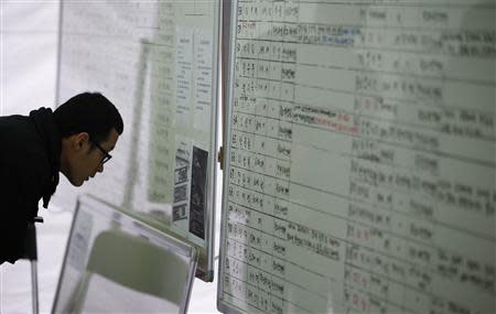 A family member of a missing passenger from the capsized passenger ship Sewol, looks at the list of fatalities at a port in Jindo April 22, 2014. REUTERS/Kim Hong-Ji