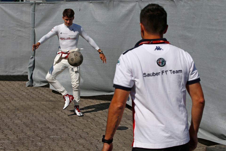 Having a ball: Charles Leclerc chilling at Hockenheim, where the expectation is high that he’ll be in a Ferrari next season