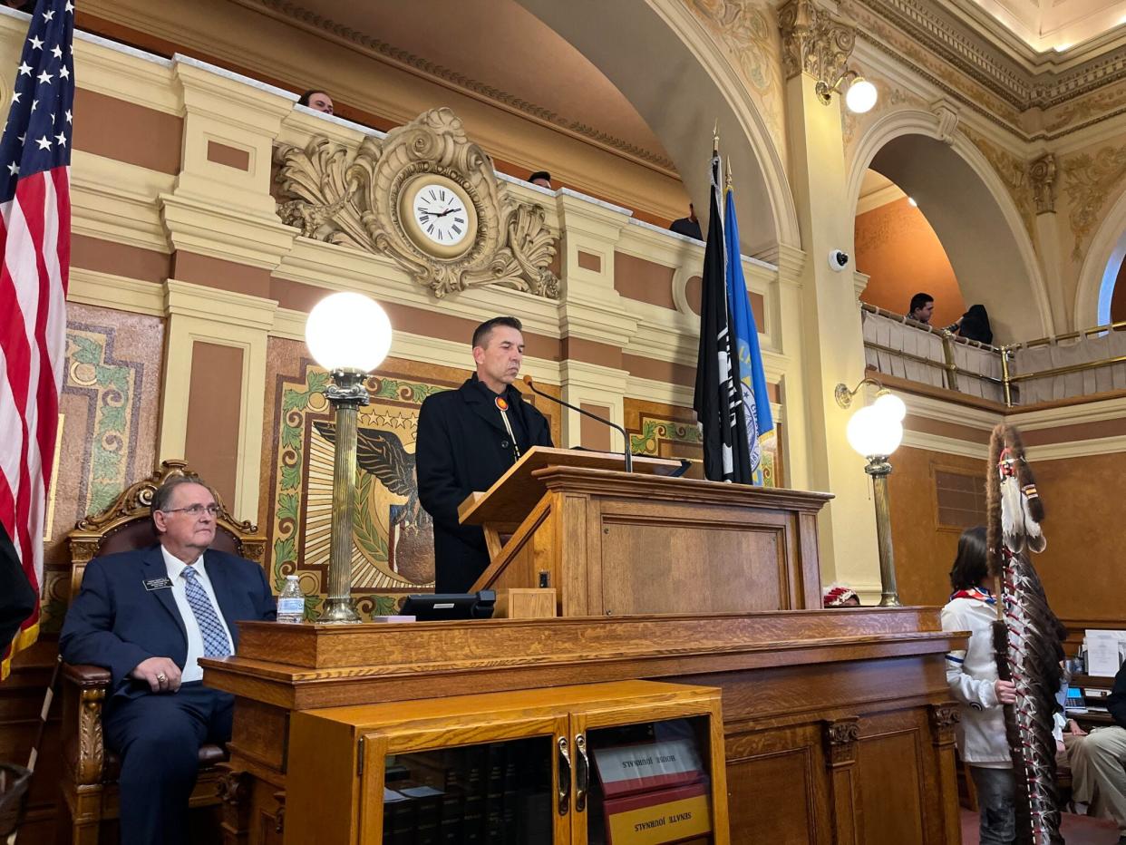Crow Creek Sioux Tribe Chairman Peter Lengkeek delivers the annual State of the Tribes address to lawmakers on Jan. 12, 2023, at the Capitol in Pierre.
